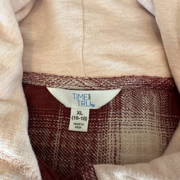 Time and Tru Burgundy & Pink Plaid Flannel Button Up Hoodie Shirt Women's XL - Picture 8 of 10